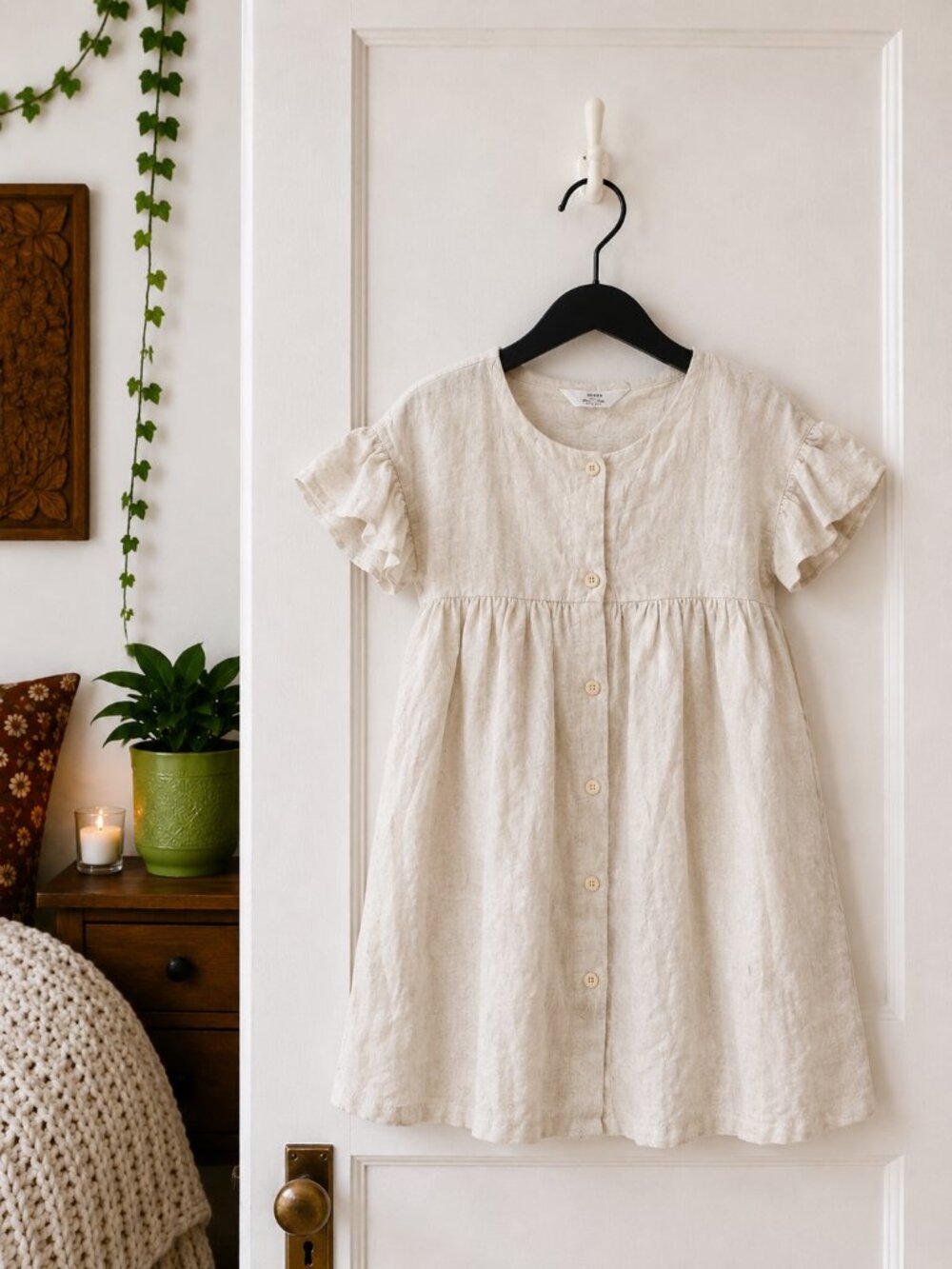 H&M Girls Oatmeal 100% Linen Dress Size 10 Ruffle Sleeve Cottagecore